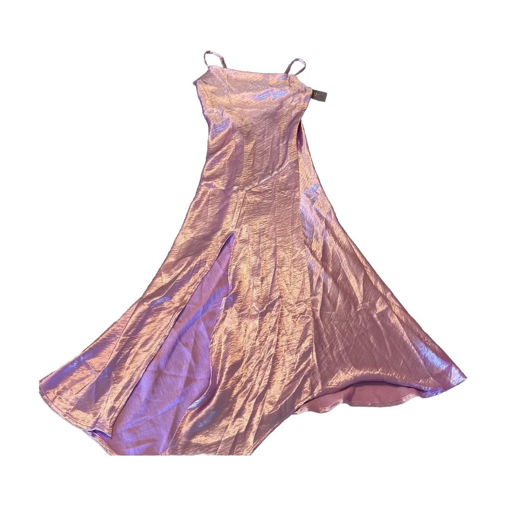 Lavender Metallic Iridescent Cowl Neck Maxi Dress High Slit Small